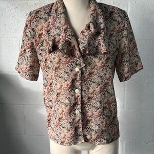 Vintage Notations USA Floral Ruffle Collar Button Front Blouse Women 6P
